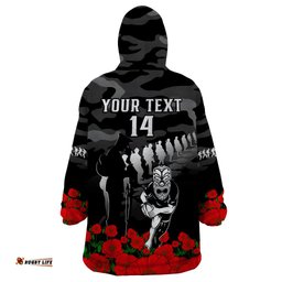 custom text and number new zealand anzac rugby wearable blanket hoodie silver fern all black camouflage mix poppy