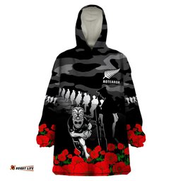 custom text and number new zealand anzac rugby wearable blanket hoodie silver fern all black camouflage mix poppy