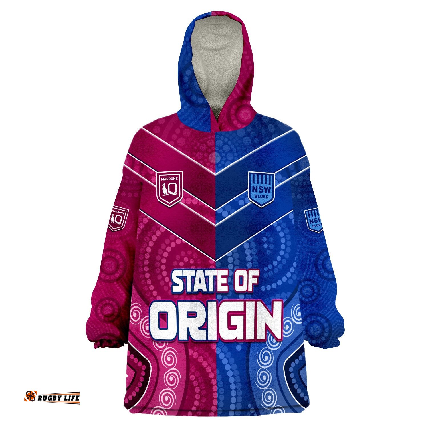 custom text and number blues and maroons rugby origin nsw combine queensland aboriginal australian wearable blanket hoodie