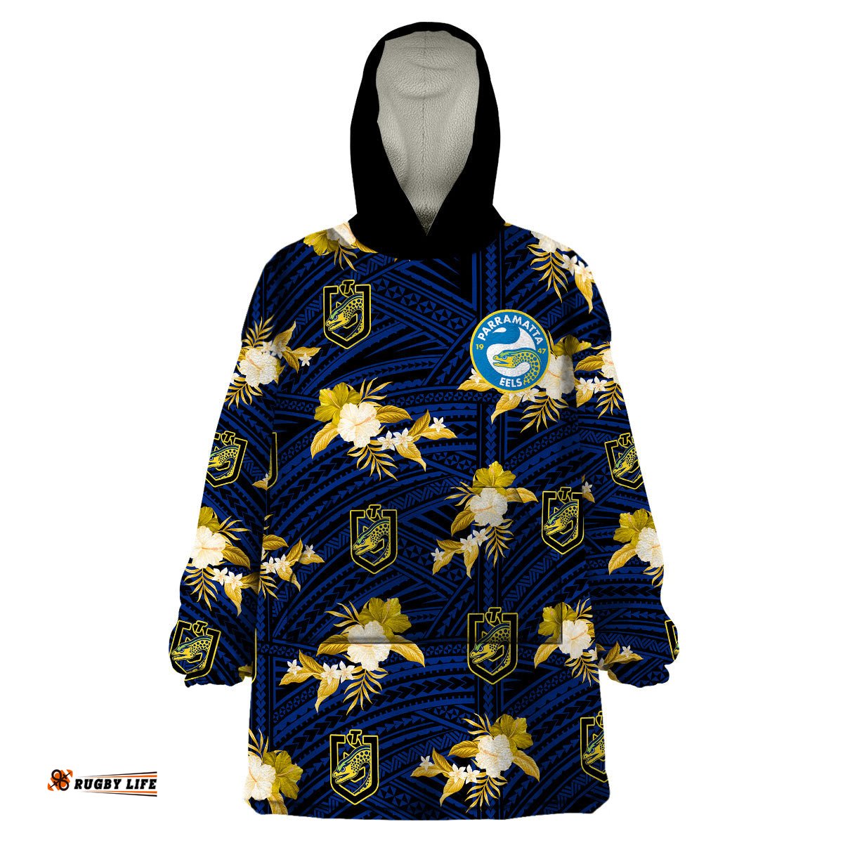custom text and number parramatta eels rugby wearable blanket hoodie polynesian tribal mix tropical hawaiian style