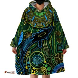 aboriginal green crocodine abstract art pattern wearable blanket hoodie ts04