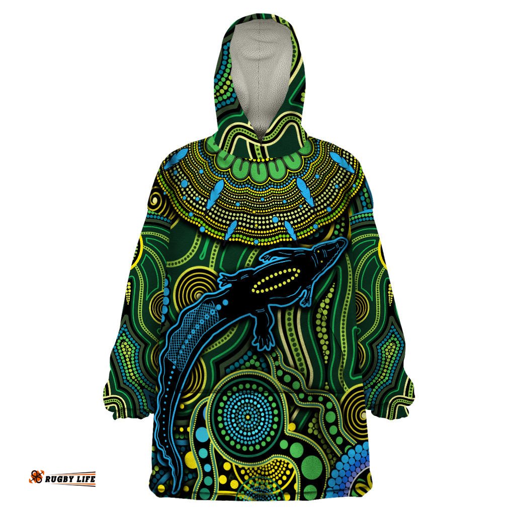 aboriginal green crocodine abstract art pattern wearable blanket hoodie ts04
