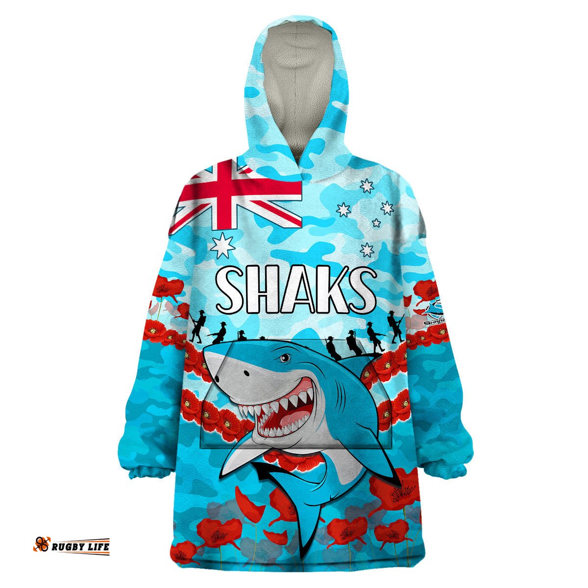 custom text and number sharks rugby anzac wearable blanket hoodie lest we forget