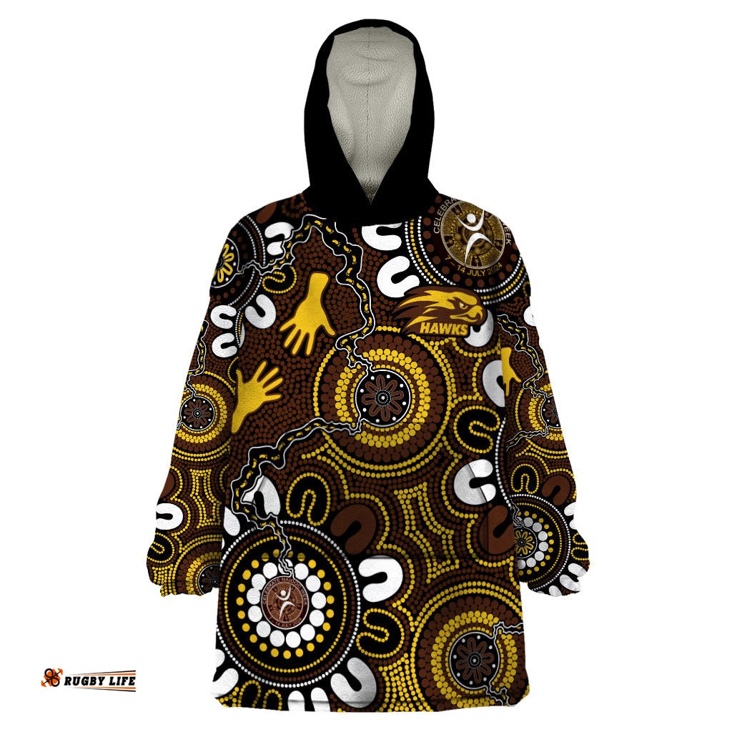 custom hawthorn naidoc week 2024 wearable blanket hoodie fire burning aboriginal dots art