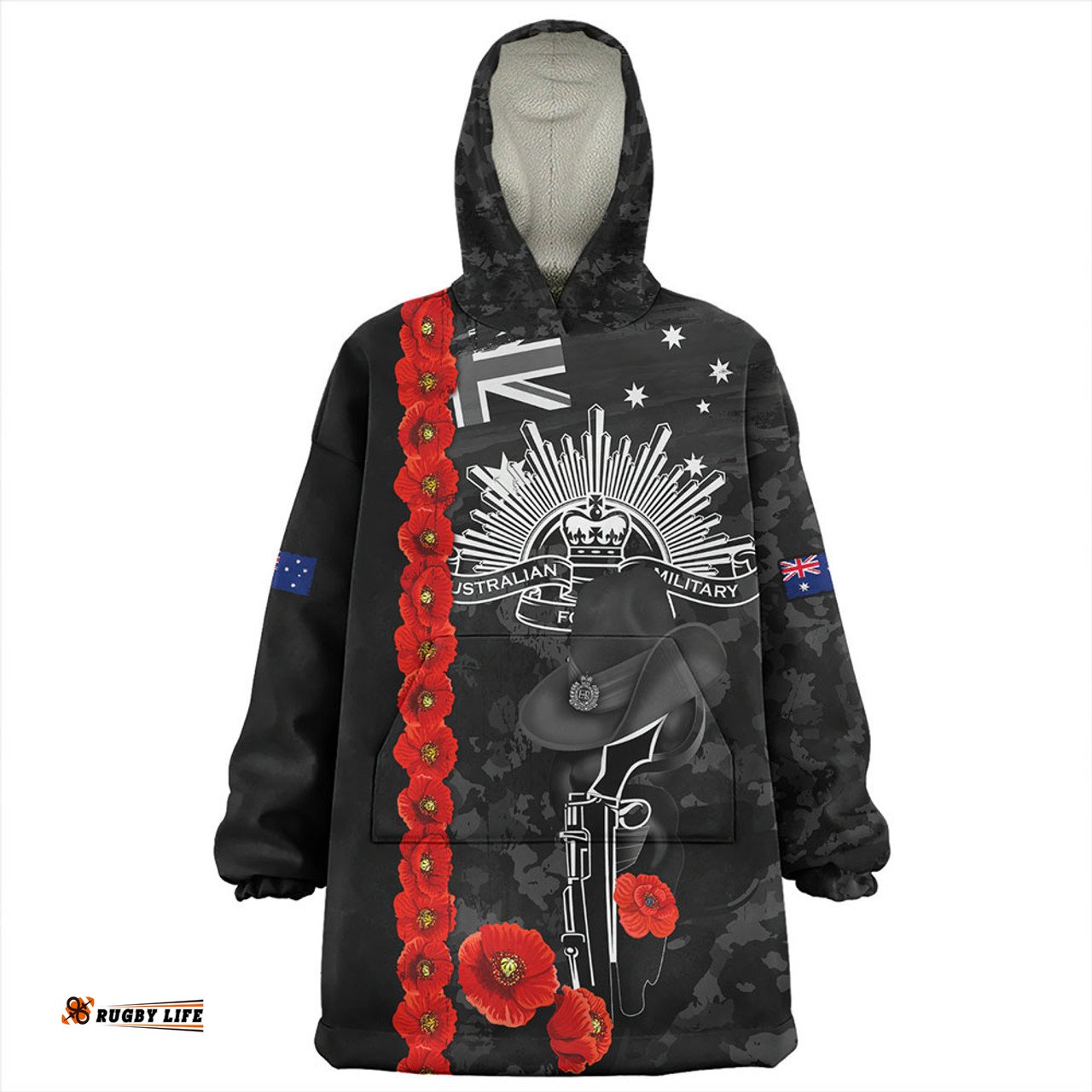 Australia Poppy Line Anzac Memorial Black Wearable Blanket Hoodie Aussie Oodie