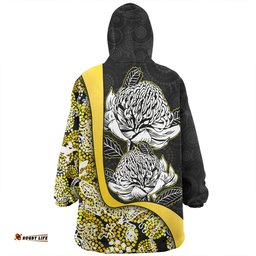 Australia Warratah Goanna Aboriginal Waratah Flowers With Yellow Lizards, Stones, Sand Dot Art Painting Inspired Wearable Blanket Hoodie Aussie Oodie