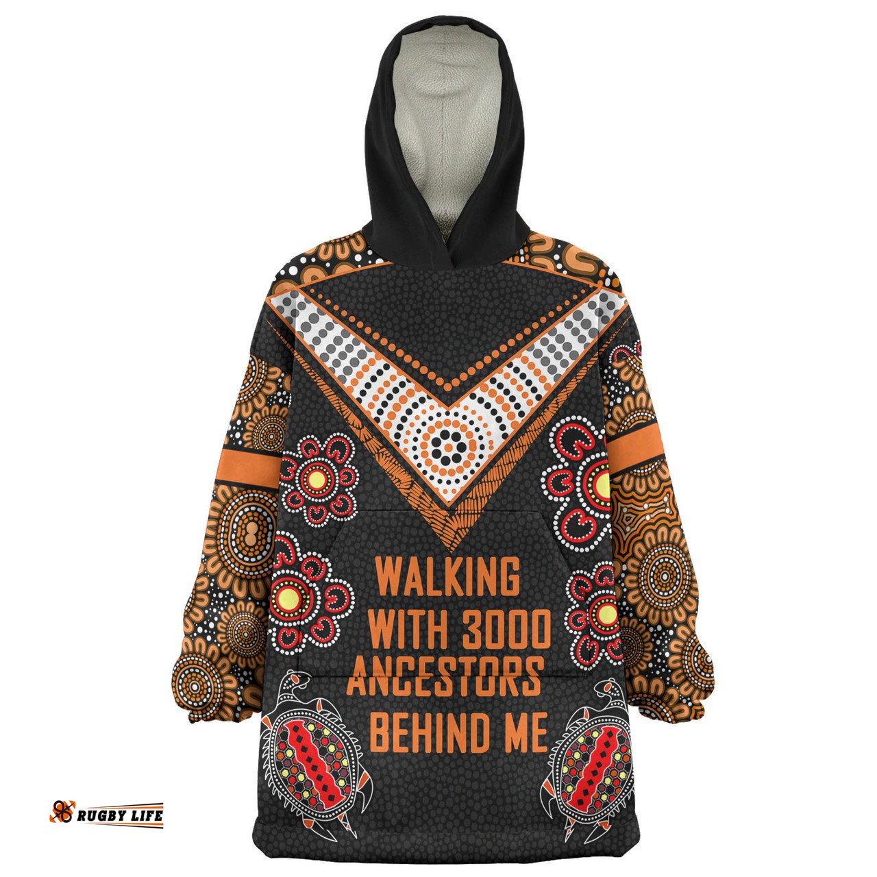 Australia Aboriginal Walking with 3000 Ancestors Behind Me Black and Orange Patterns Wearable Blanket Hoodie Aussie Oodie