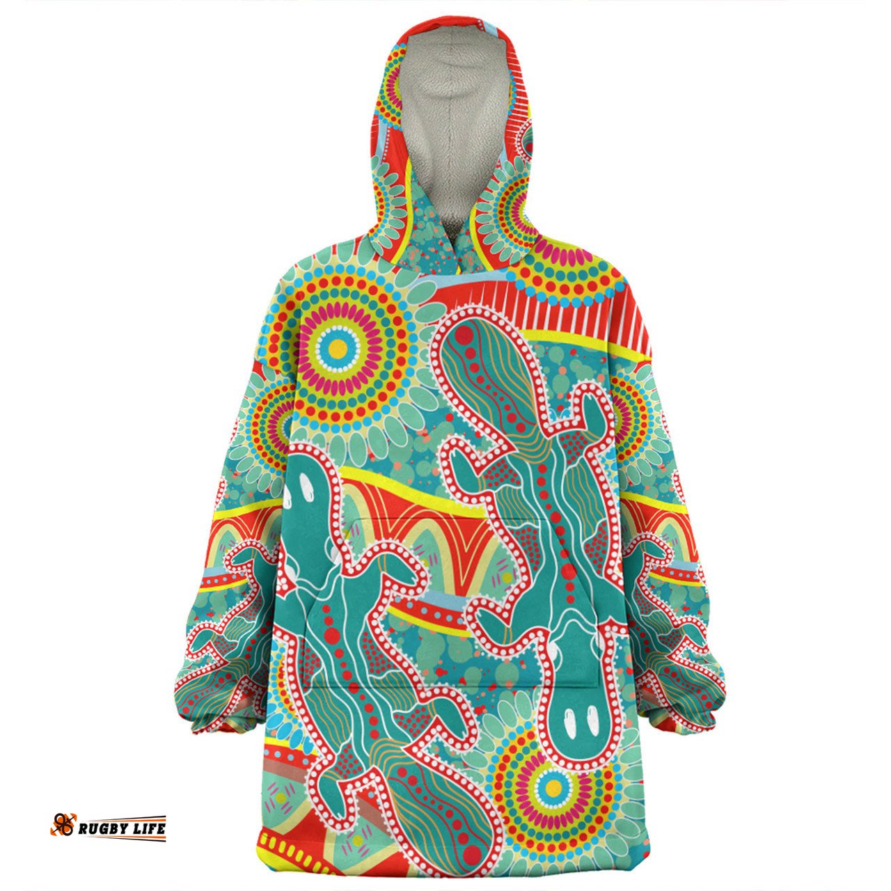 Australia Platypus Aboriginal Green Platypus With Aboriginal Art Dot Painting Patterns Inspired Wearable Blanket Hoodie Aussie Oodie