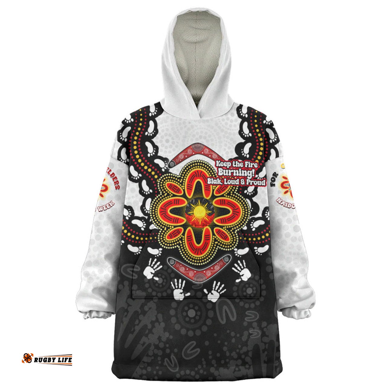 Australia Aboriginal Inspired Naidoc Symbol Pattern White Wearable Blanket Hoodie Aussie Oodie