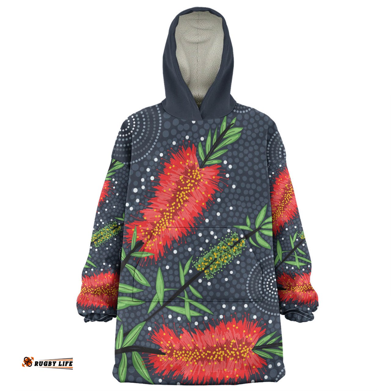 Australia Flowers Aboriginal Red Bottle Brush Tree Depicted In Aboriginal Style Wearable Blanket Hoodie Aussie Oodie