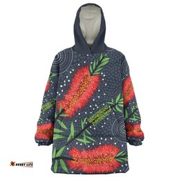 Australia Flowers Aboriginal Red Bottle Brush Tree Depicted In Aboriginal Style Wearable Blanket Hoodie Aussie Oodie