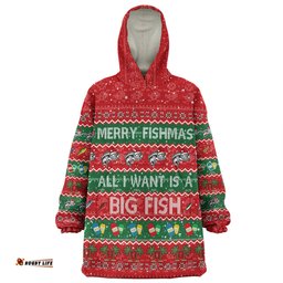 Australia Christmas Custom Merry Fishmas All I Want is a Big Fish Wearable Blanket Hoodie Aussie Oodie