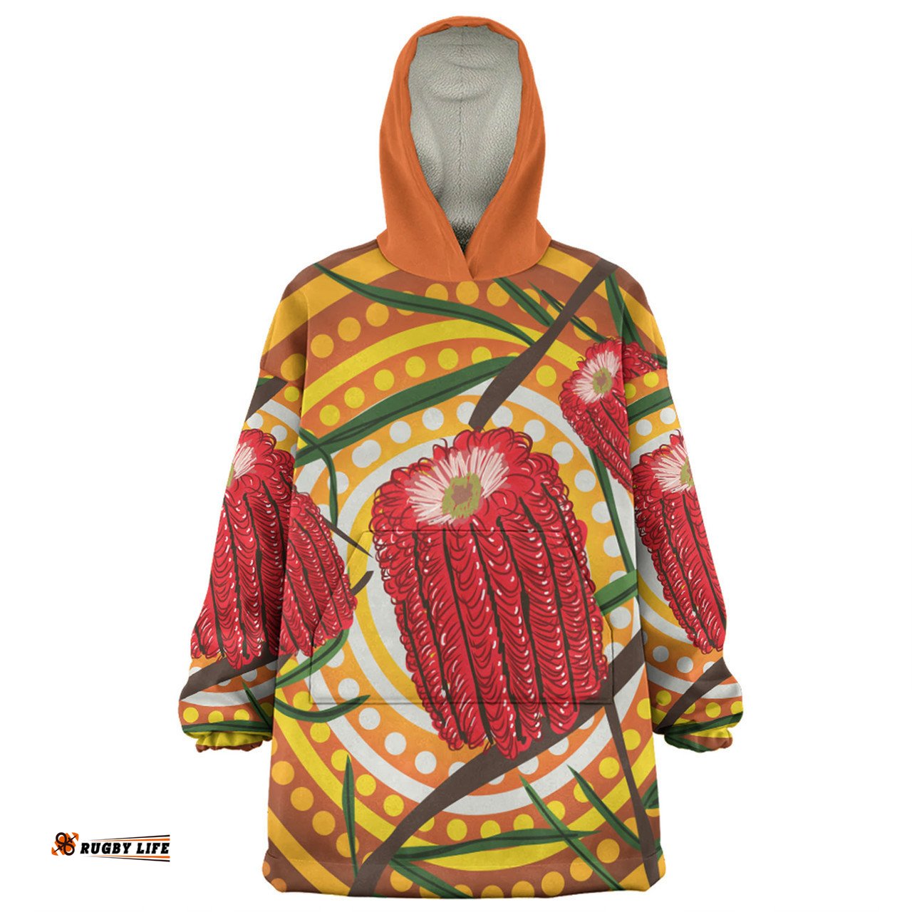 Australia Flowers Aboriginal Aboriginal Dot Painting With Red Banksia Flower Wearable Blanket Hoodie Aussie Oodie