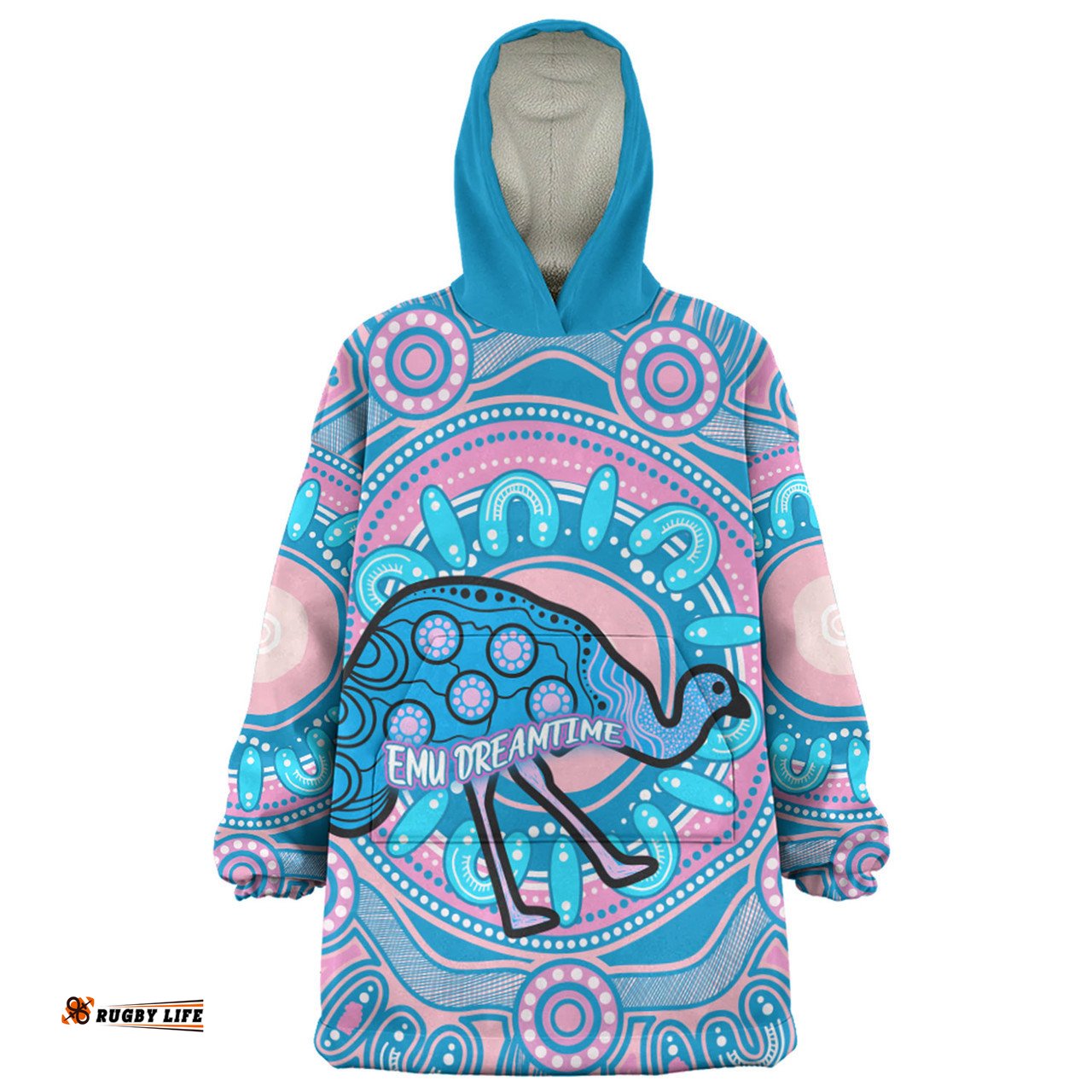 Australia Emu Aboriginal Custom Blue Indigenous Dreamtime Emu Wearable Blanket Hoodie Aussie Oodie