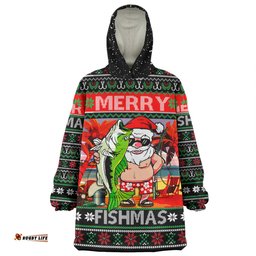 Australia Christmas Fishing Merrry Fishmas Angler Santa Claus Wearable Blanket Hoodie Aussie Oodie