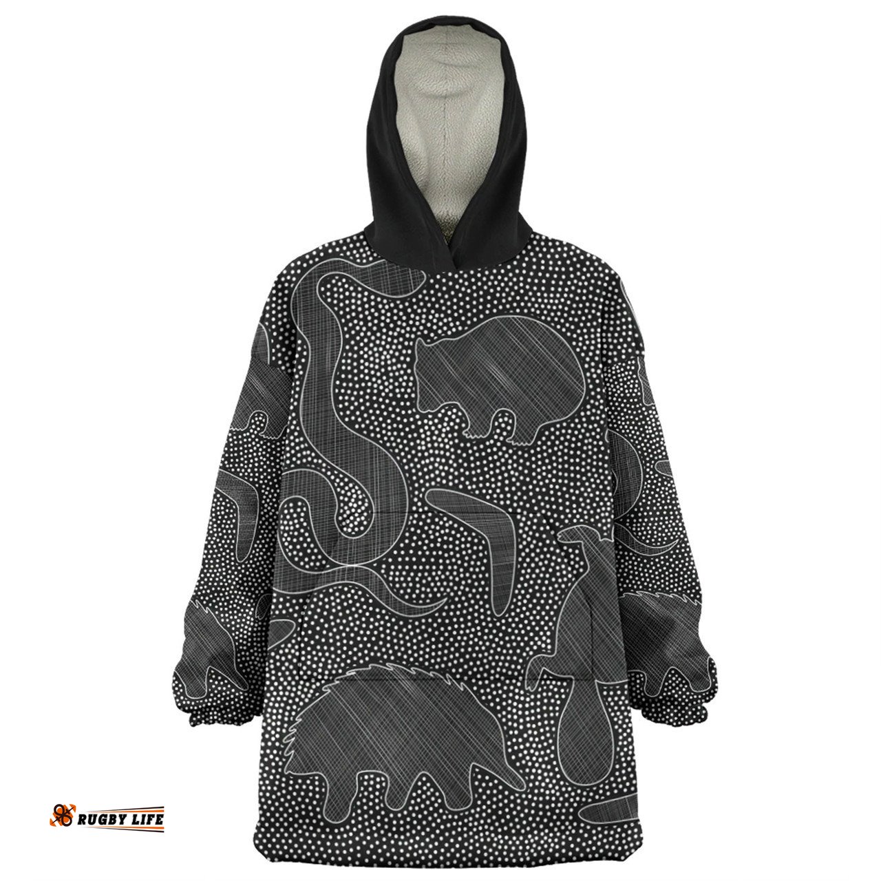 Australia Dot Painting Inspired Aboriginal Aboriginal Dot Grey Art With Animals Wearable Blanket Hoodie Aussie Oodie