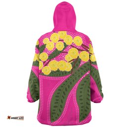 Australia Flowers Aboriginal Australian Yellow Wattle Flowers Painting In Aboriginal Dot Art Style Wearable Blanket Hoodie Aussie Oodie