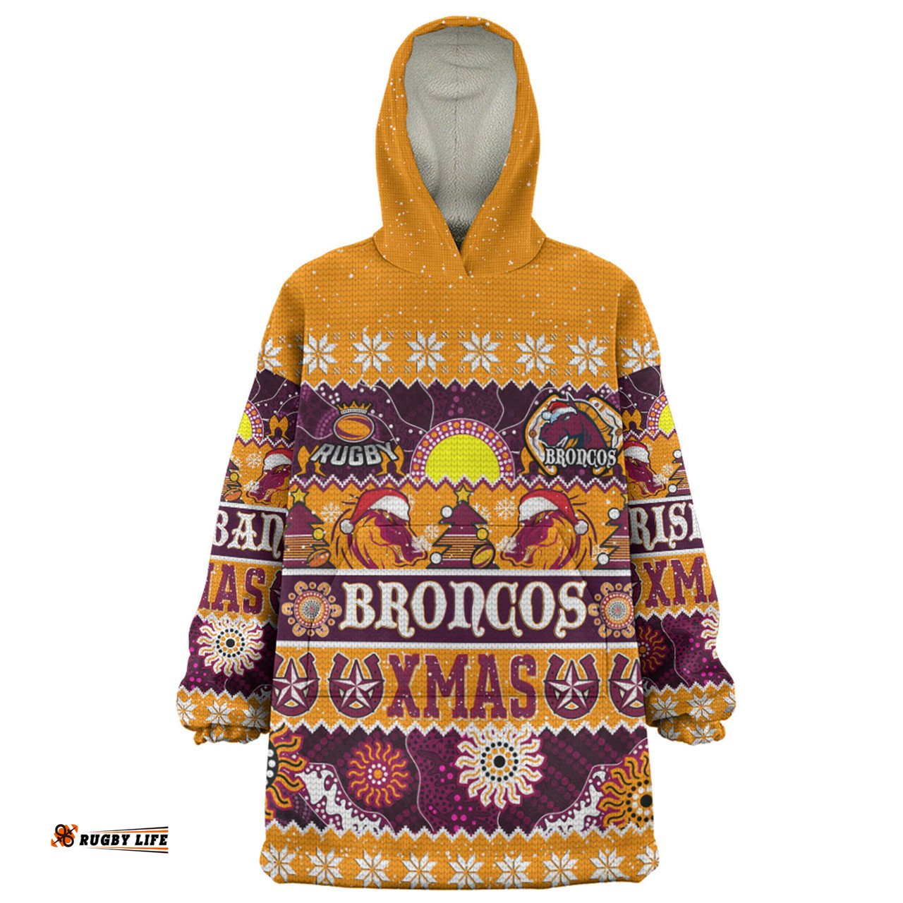 Brisbane Broncos Christmas Aboriginal Custom Indigenous Knitted Ugly Xmas Style Wearable Blanket Hoodie Aussie Oodie