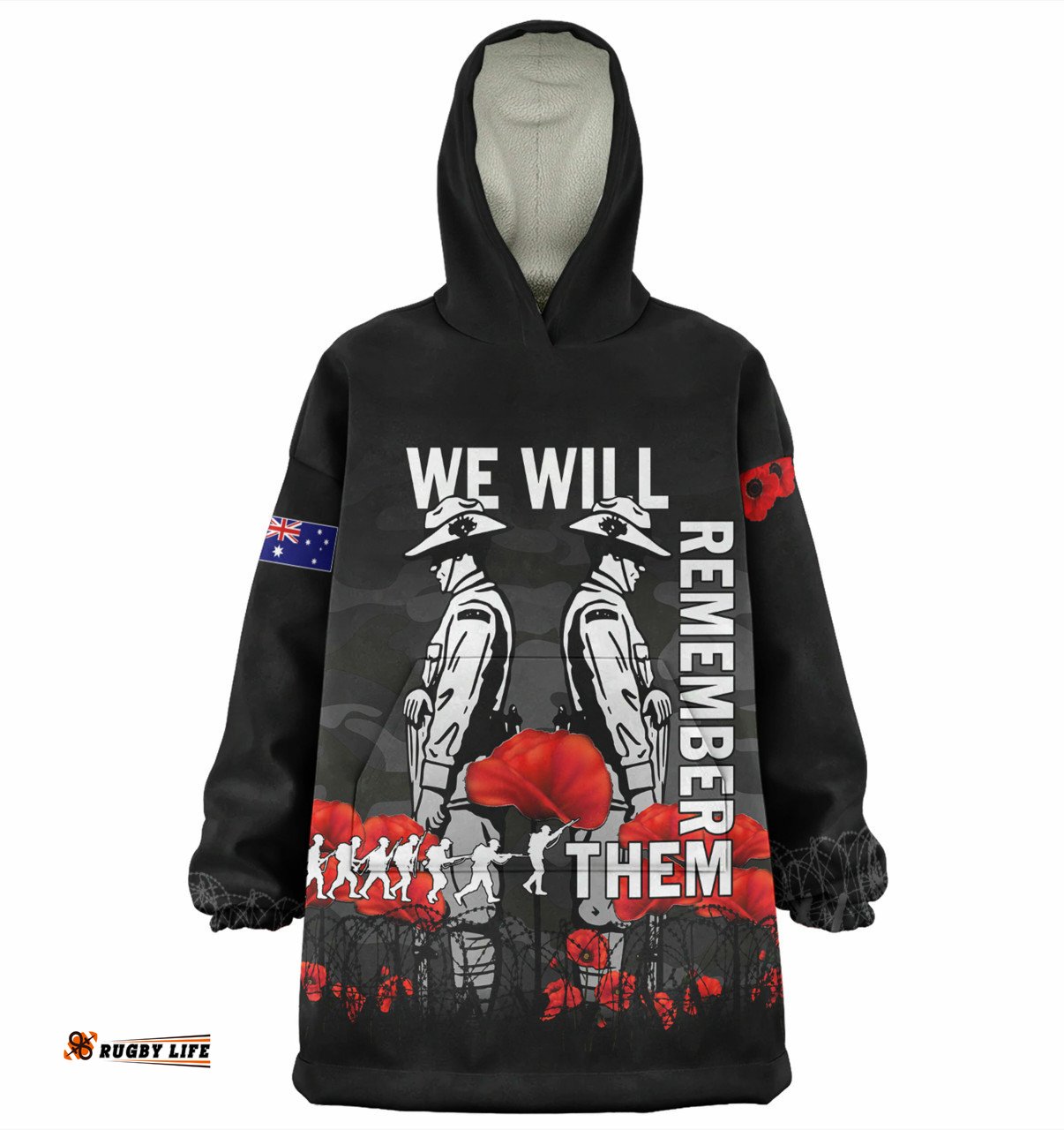 Australia Anzac Day Anzac Day Soldier We Will Remember Them Black Wearable Blanket Hoodie Aussie Oodie