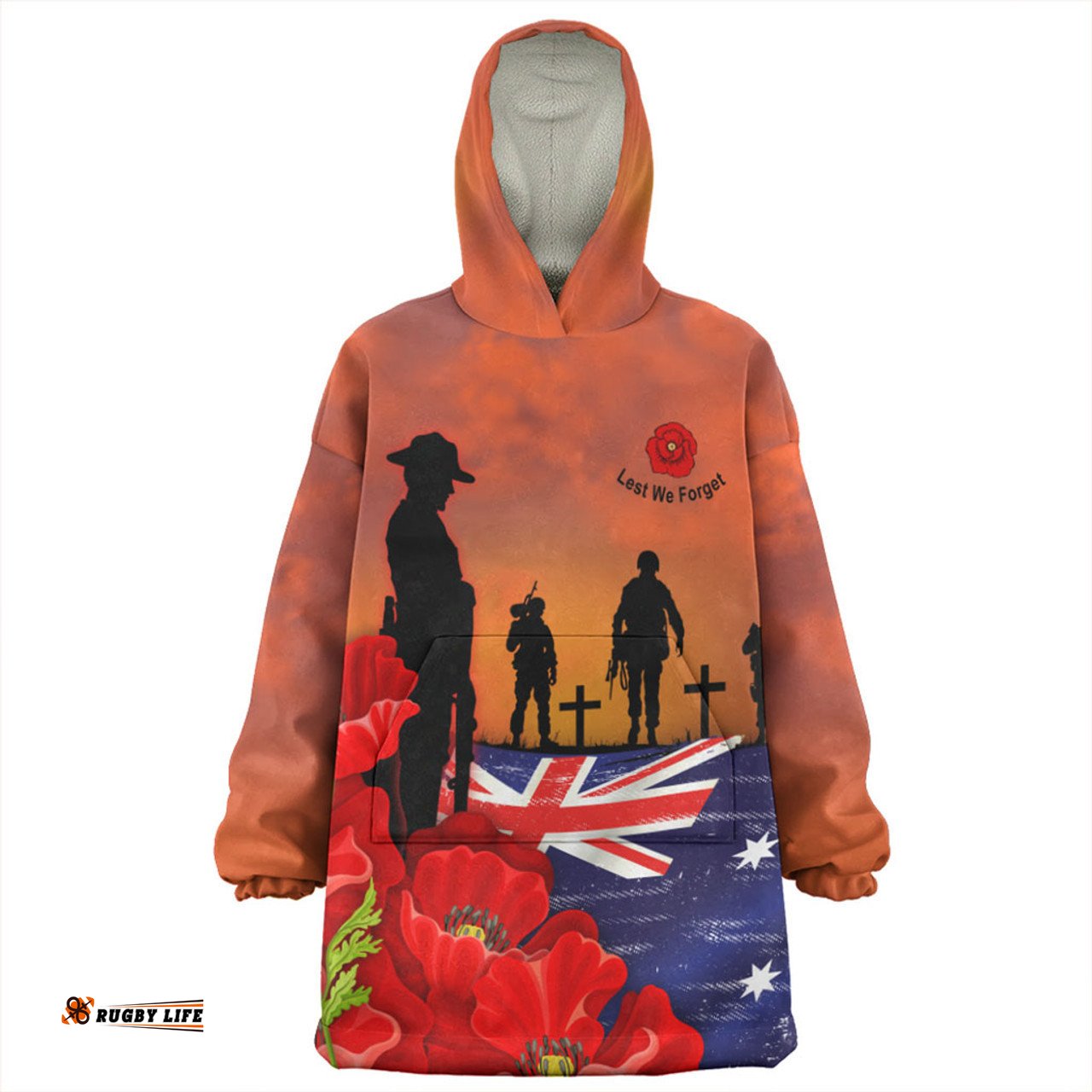 Australia Lest We Forger Soldiers Flag With Poppy Flower Wearable Blanket Hoodie Aussie Oodie