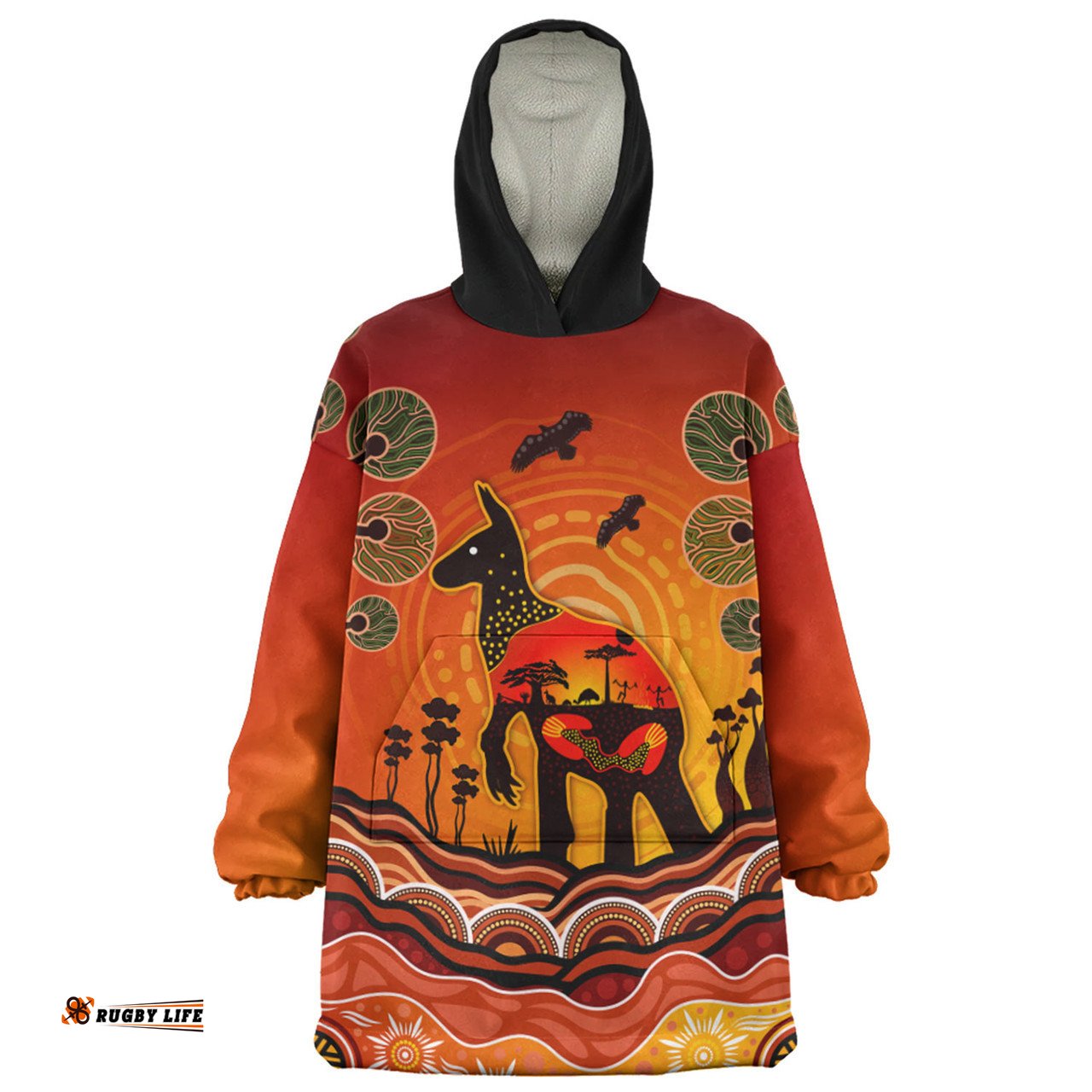 Australia Aboriginal Indigenous Kangaroo With Dot Painting Pattern Wearable Blanket Hoodie Aussie Oodie