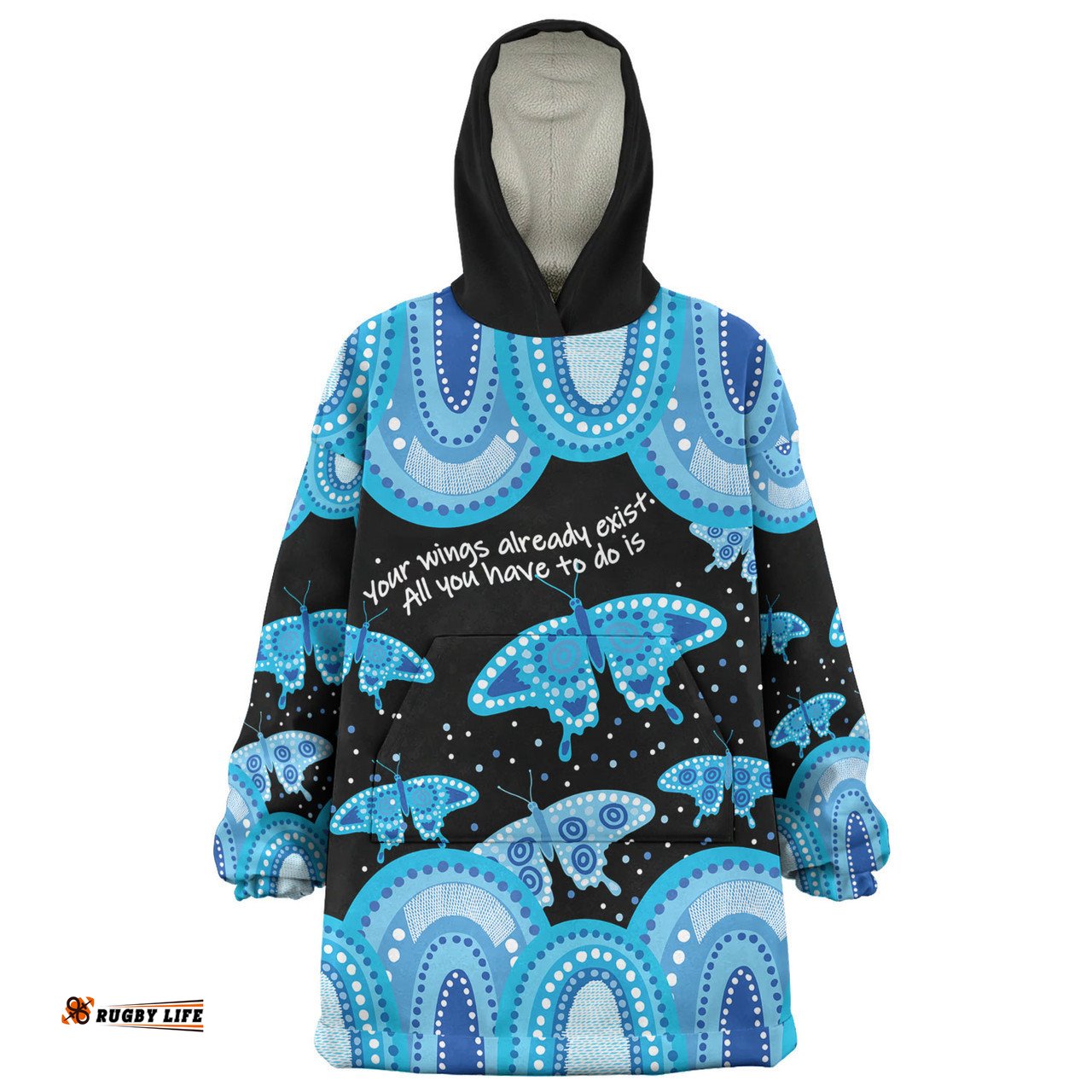 Australia Aboriginal Blue Butterflies Art Inspired Wearable Blanket Hoodie Aussie Oodie