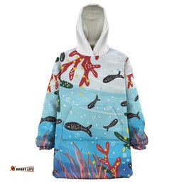Australia Aboriginal Underwater Concept Aboriginal Art With Fish Wearable Blanket Hoodie Aussie Oodie