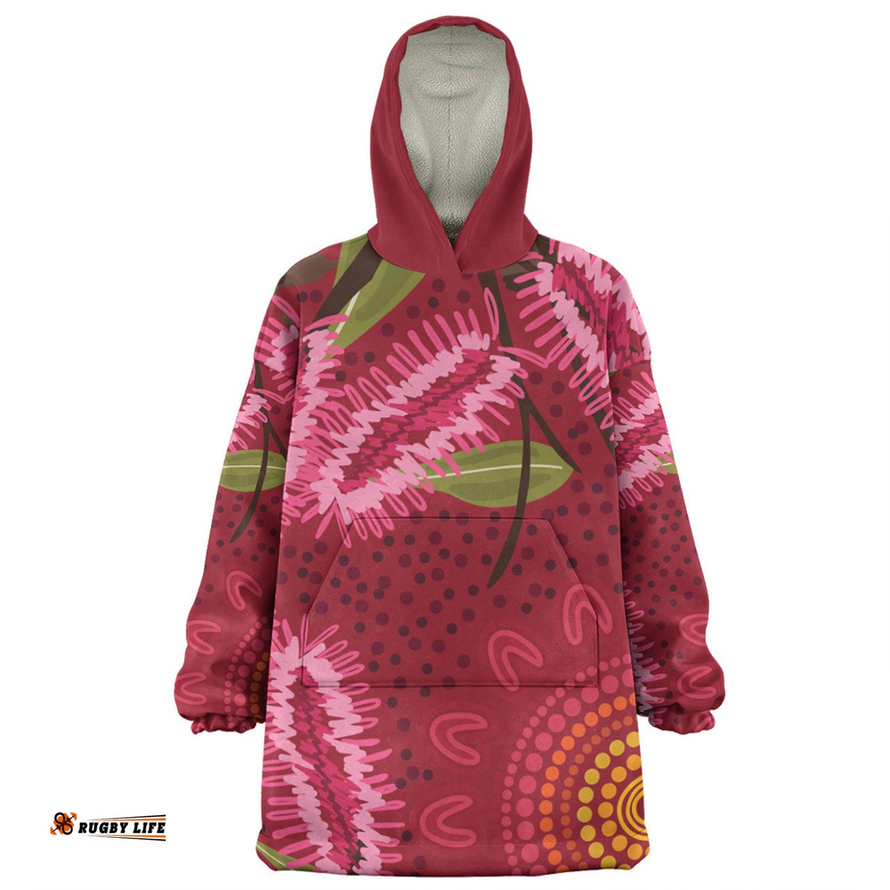 Australia Flowers Aboriginal Pink Bottle Brush Flora In Indigenous Painting Wearable Blanket Hoodie Aussie Oodie