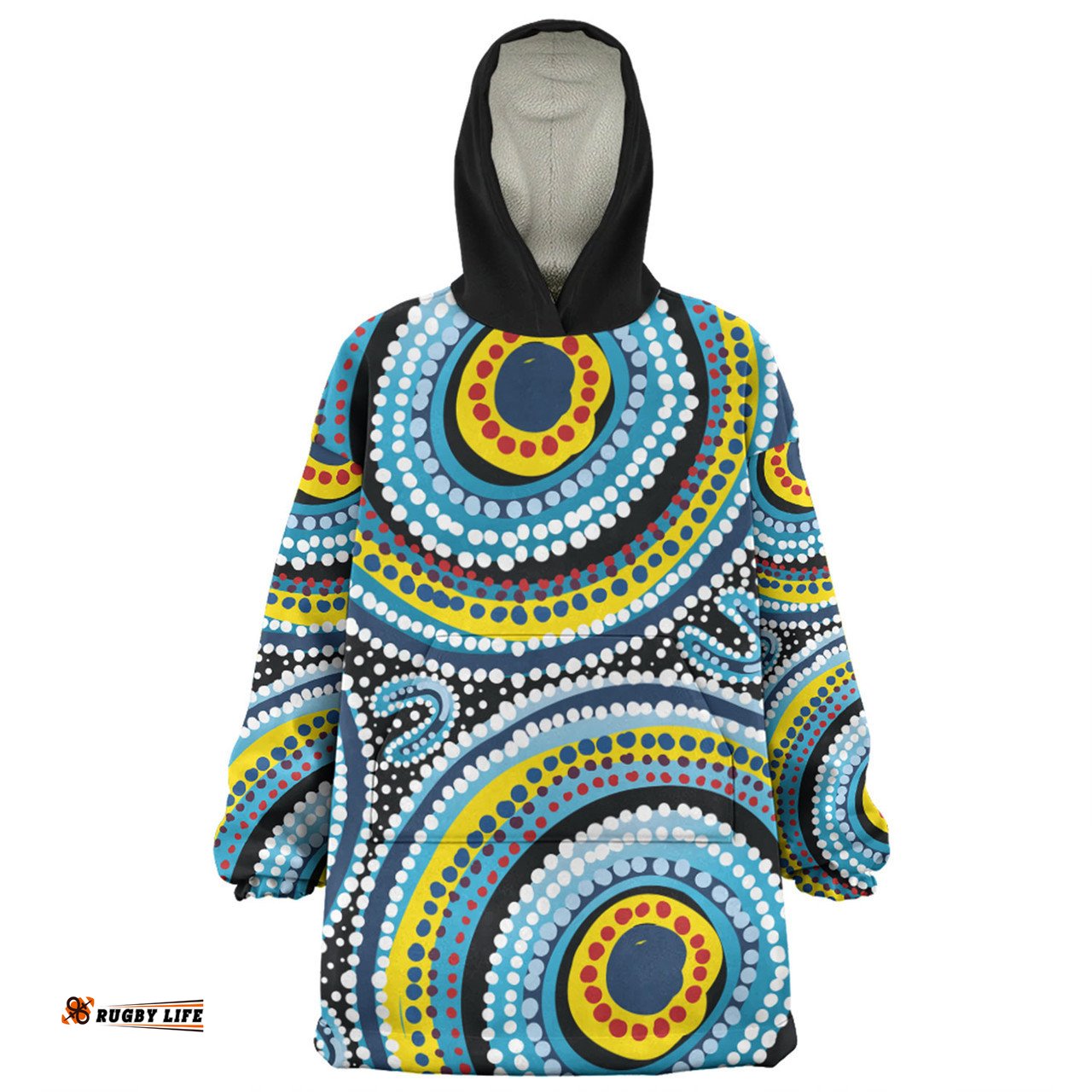 Australia Dot Painting Inspired Aboriginal Blue Aboriginal Style Dot Art Wearable Blanket Hoodie Aussie Oodie