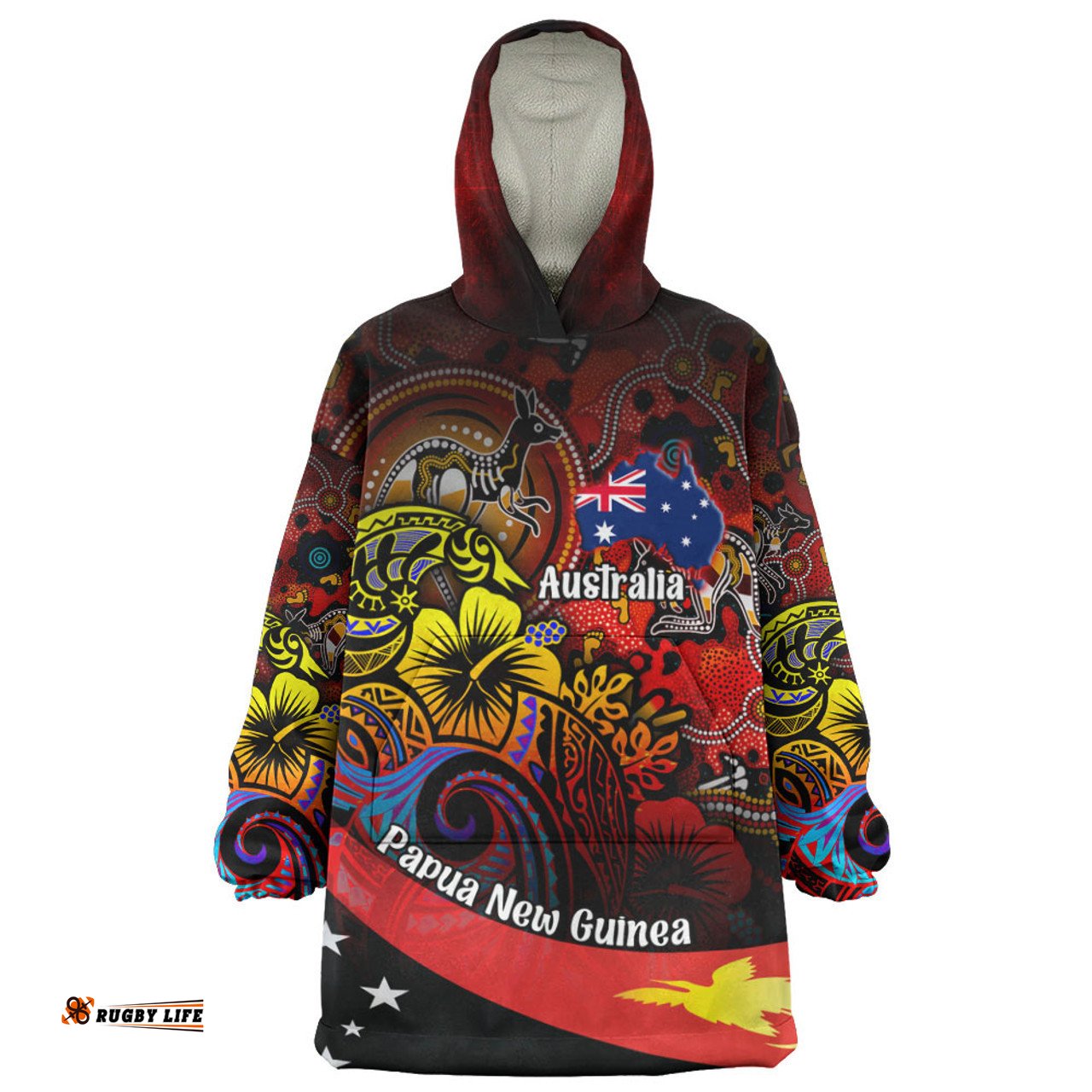 Australia Papua New Guinea Birds Of Paradise With Aboriginal Wearable Blanket Hoodie Aussie Oodie