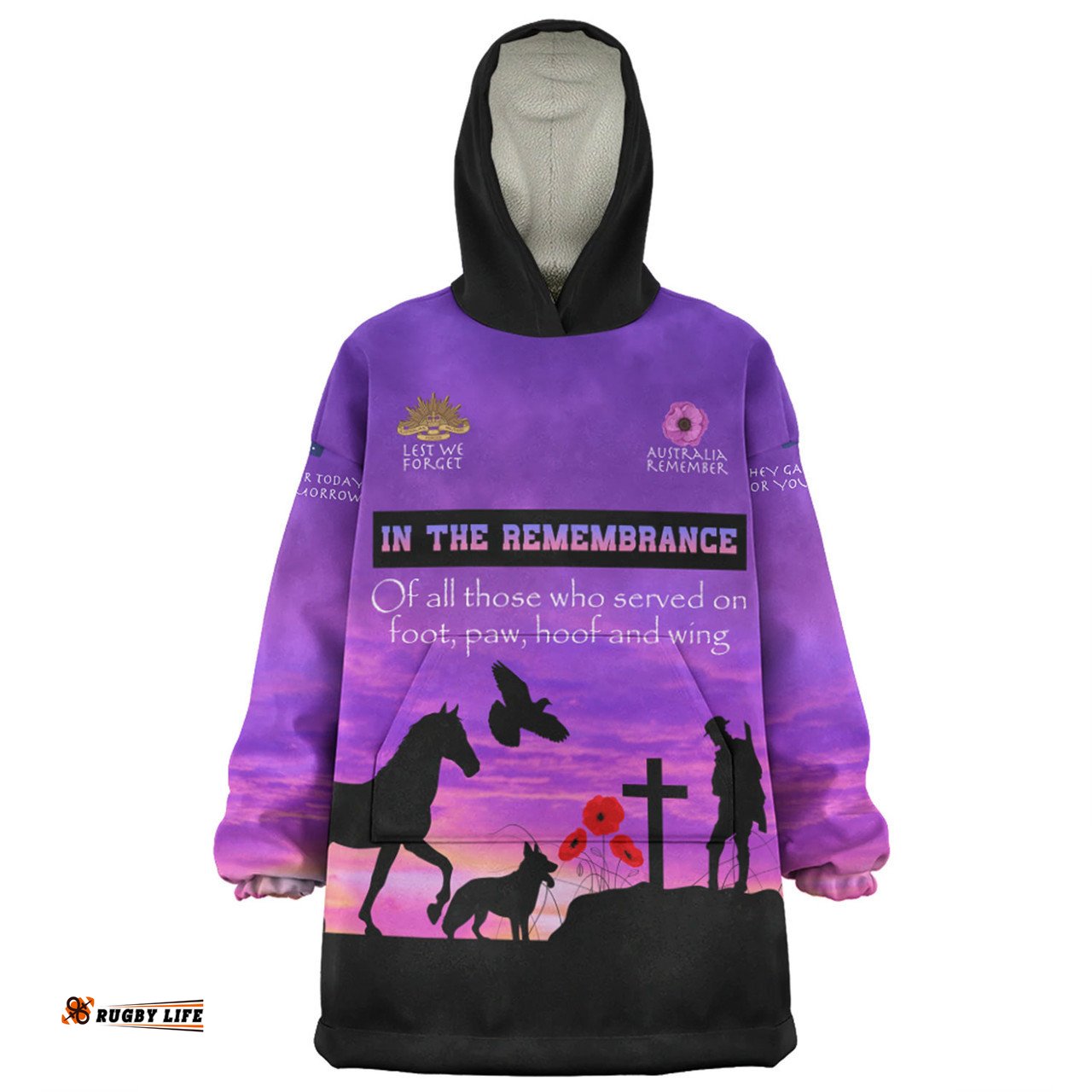 Australia Anzac Day In remembrance of all those who served on foot paw hoof and wing Wearable Blanket Hoodie Aussie Oodie