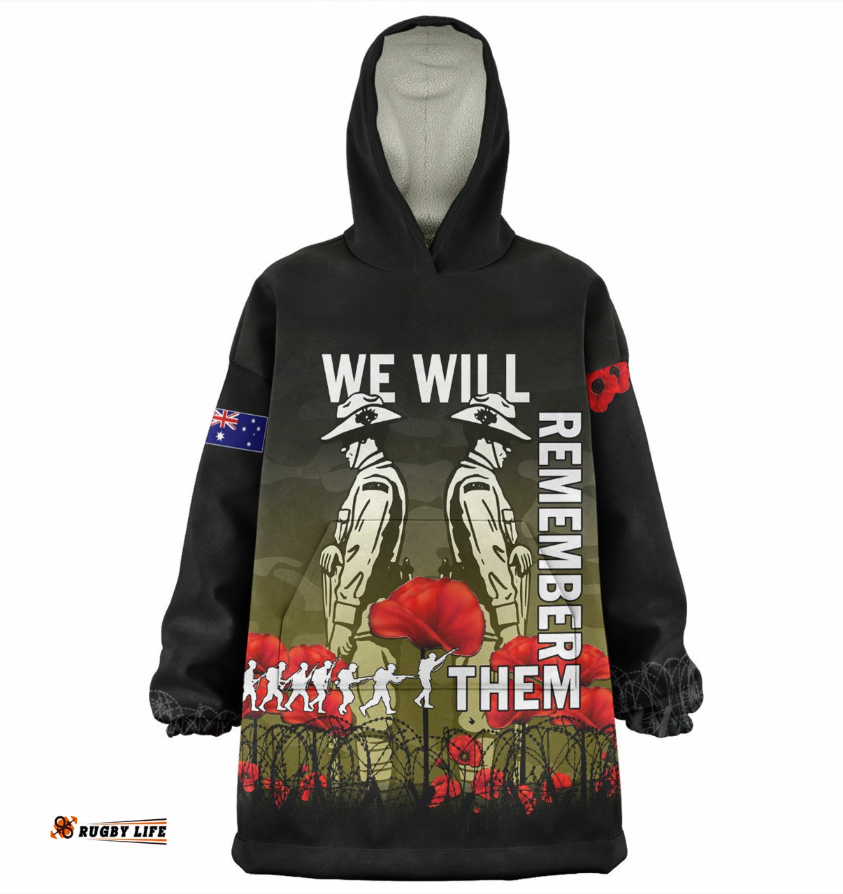 Australia Anzac Day Anzac Day Soldier We Will Remember Them Yellow Wearable Blanket Hoodie Aussie Oodie