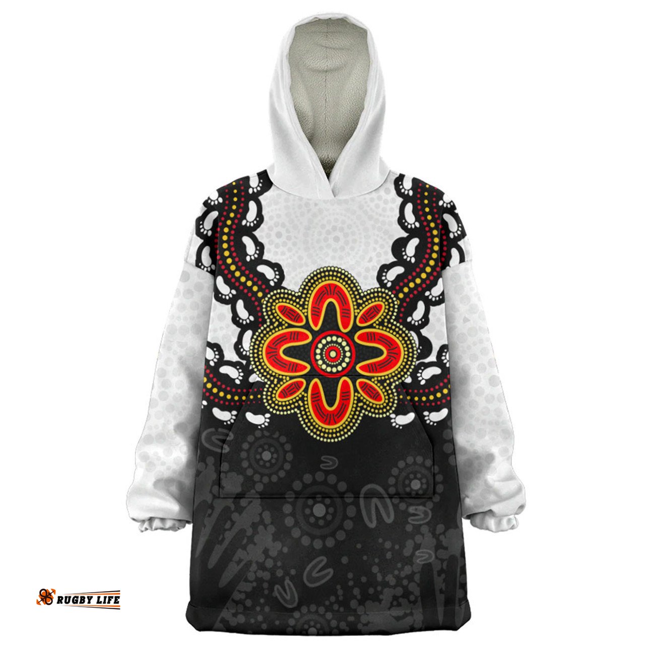 Australia Aboriginal Inspired Symbol Pattern White Wearable Blanket Hoodie Aussie Oodie
