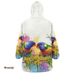 Australia Rainbow Lorikeets Rainbow Lorikeets With Grevillea Flowers Wearable Blanket Hoodie Aussie Oodie