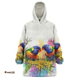 Australia Rainbow Lorikeets Rainbow Lorikeets With Grevillea Flowers Wearable Blanket Hoodie Aussie Oodie