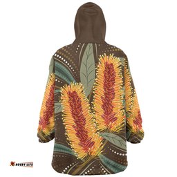 Australia Flowers Aboriginal Aboriginal Dot Art With Yellow Banksia Flower Wearable Blanket Hoodie Aussie Oodie