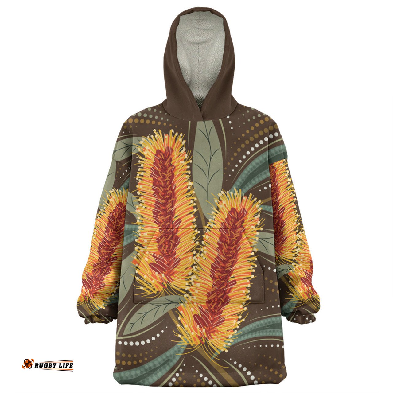 Australia Flowers Aboriginal Aboriginal Dot Art With Yellow Banksia Flower Wearable Blanket Hoodie Aussie Oodie