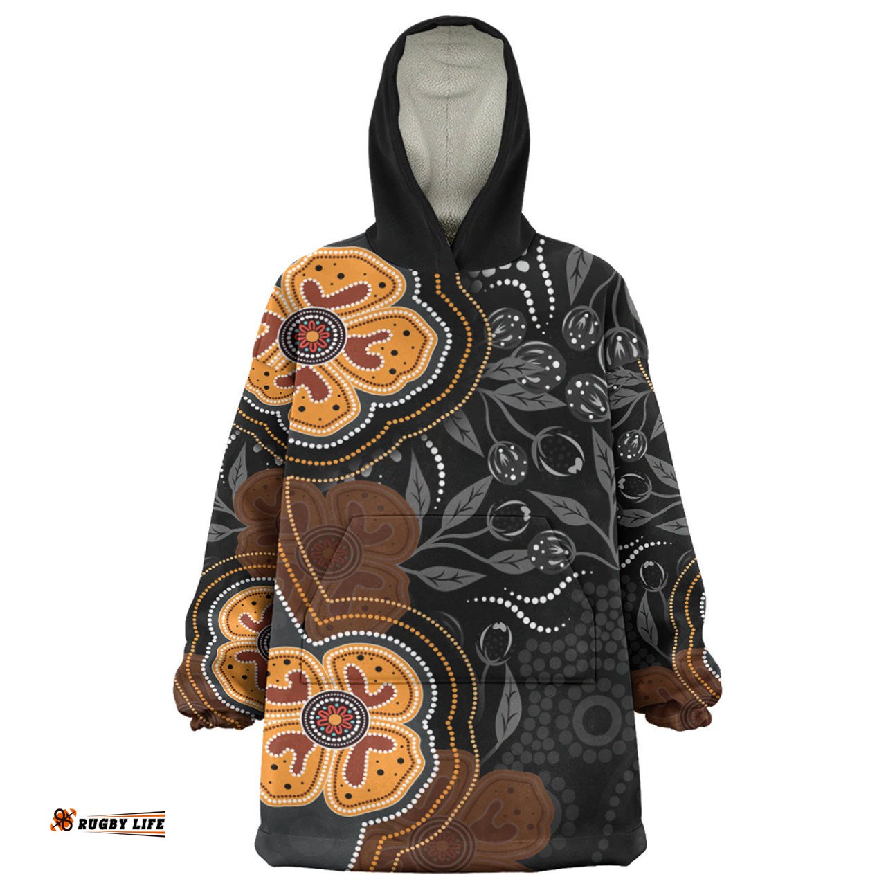 Australia Aboriginal Aboriginal Dot Art With Bush Flowers Wearable Blanket Hoodie Aussie Oodie