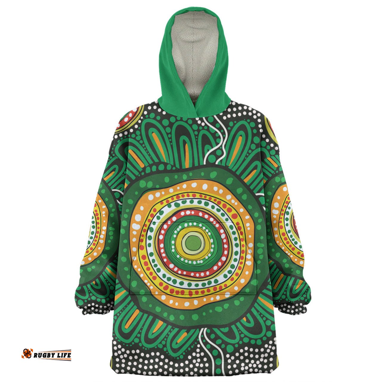 Australia Aboriginal Green Aboriginal Style Dot Painting Wearable Blanket Hoodie Aussie Oodie