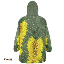 Australia Aboriginal Yellow Bottle Brush Flora In Aboriginal Painting Wearable Blanket Hoodie Aussie Oodie