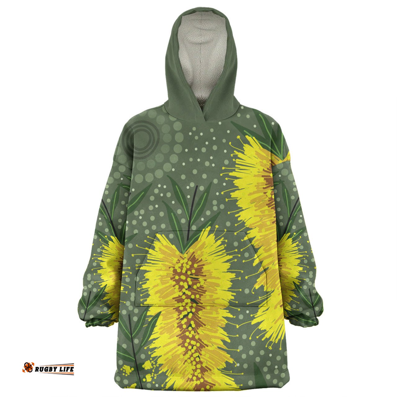 Australia Aboriginal Yellow Bottle Brush Flora In Aboriginal Painting Wearable Blanket Hoodie Aussie Oodie
