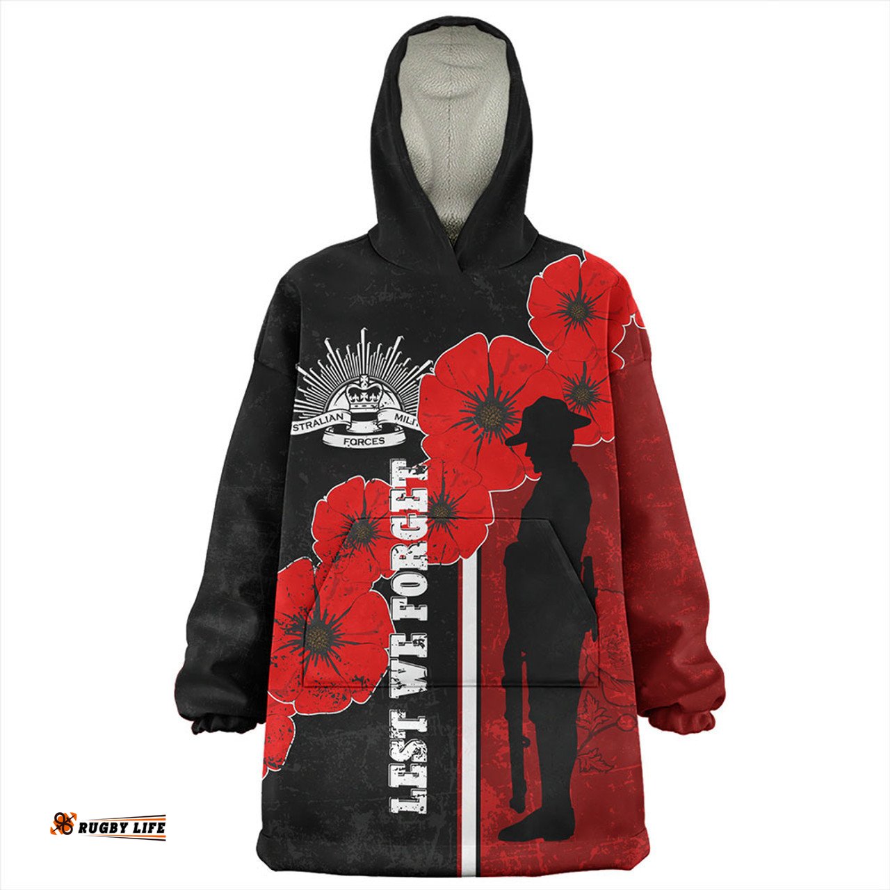 Australia Anzac Day Lest We Forget Remebrance Day (Black) Wearable Blanket Hoodie Aussie Oodie