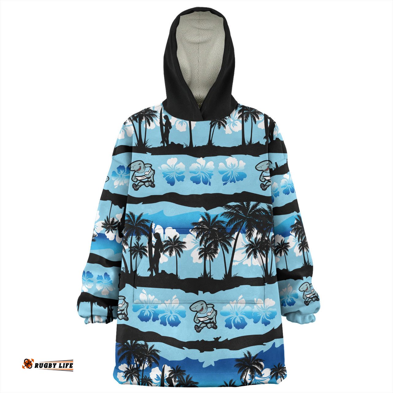 Cronulla Sutherland Sharks Tropical Hibiscus and Coconut Trees Wearable Blanket Hoodie Aussie Oodie