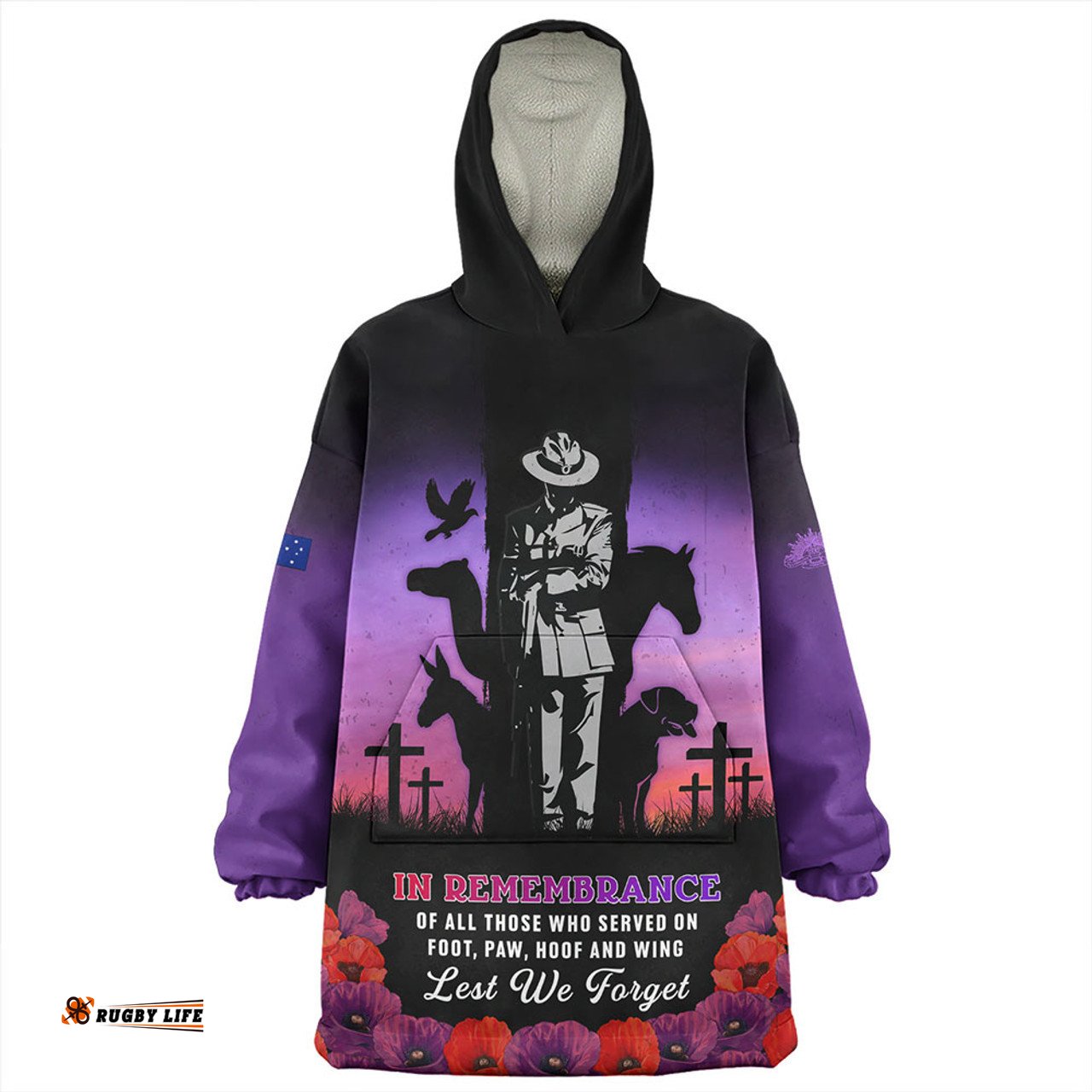 Australia Anzac Day Lest We Forget War Animals Purple Poppy Wearable Blanket Hoodie Aussie Oodie