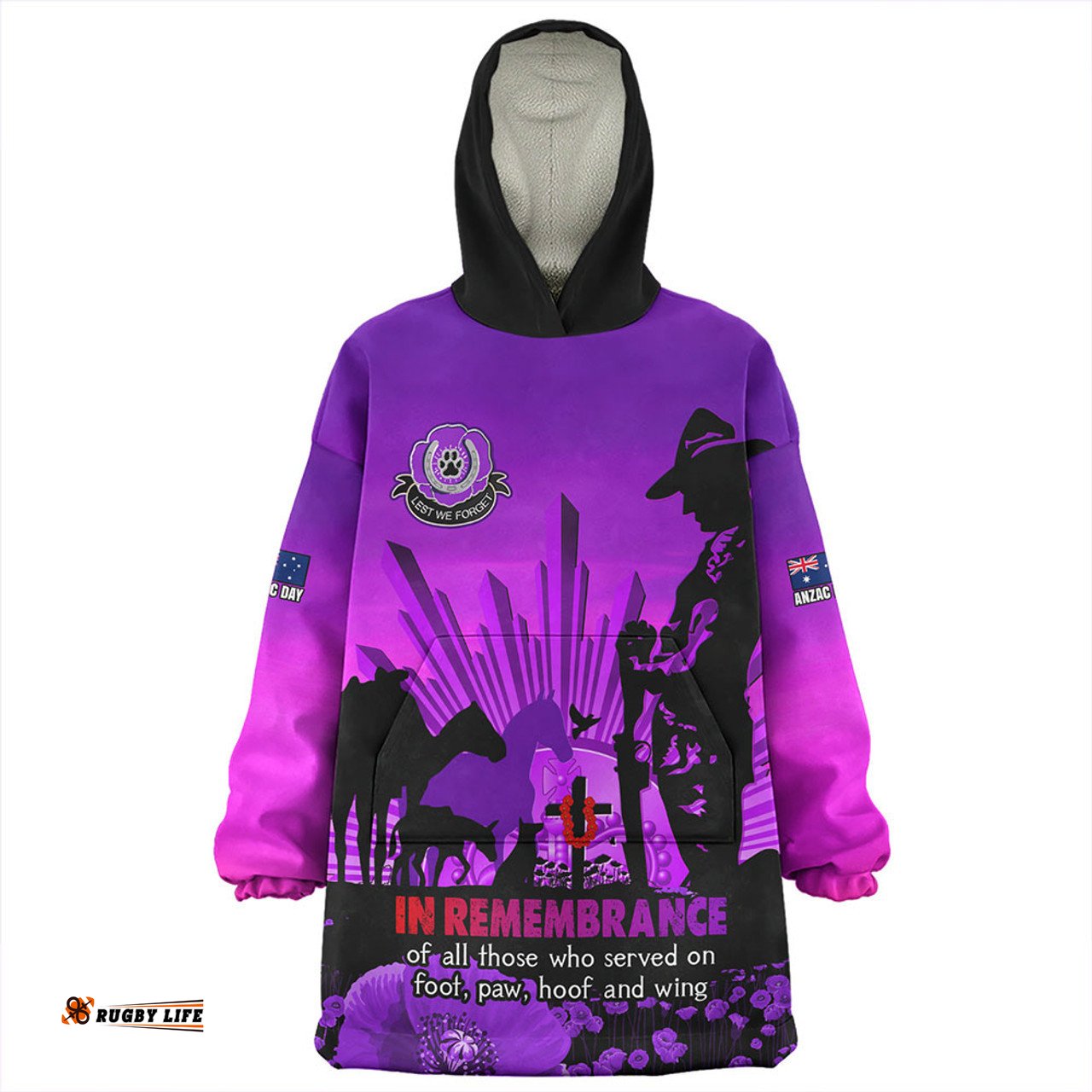 Australia Anzac Day Animal Companions Forever Remembered Wearable Blanket Hoodie Aussie Oodie