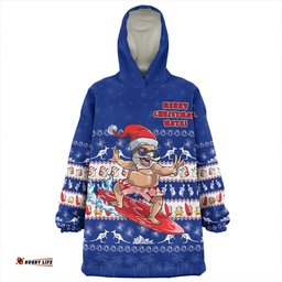 Australia Merry Christmas Mate Surf's Up Santa Blue Wearable Blanket Hoodie Aussie Oodie