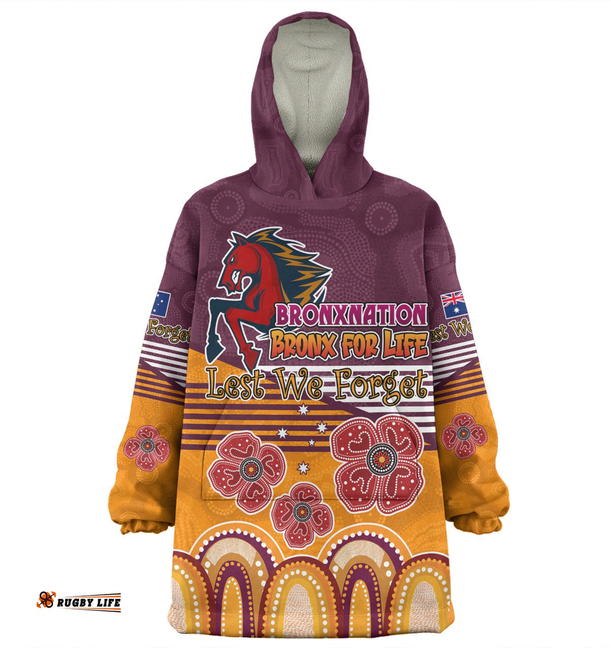 Brisbane Broncos Anzac Custom Anzac Day Bronxnation for Life Wearable Blanket Hoodie Aussie Oodie