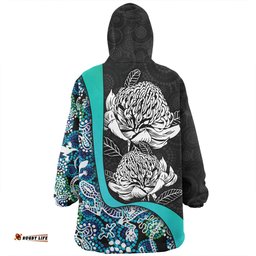 Australia Warratah Goanna Aboriginal Waratah Flowers With Blue Lizards, Stones, Sand Dot Art Painting Inspired Wearable Blanket Hoodie Aussie Oodie