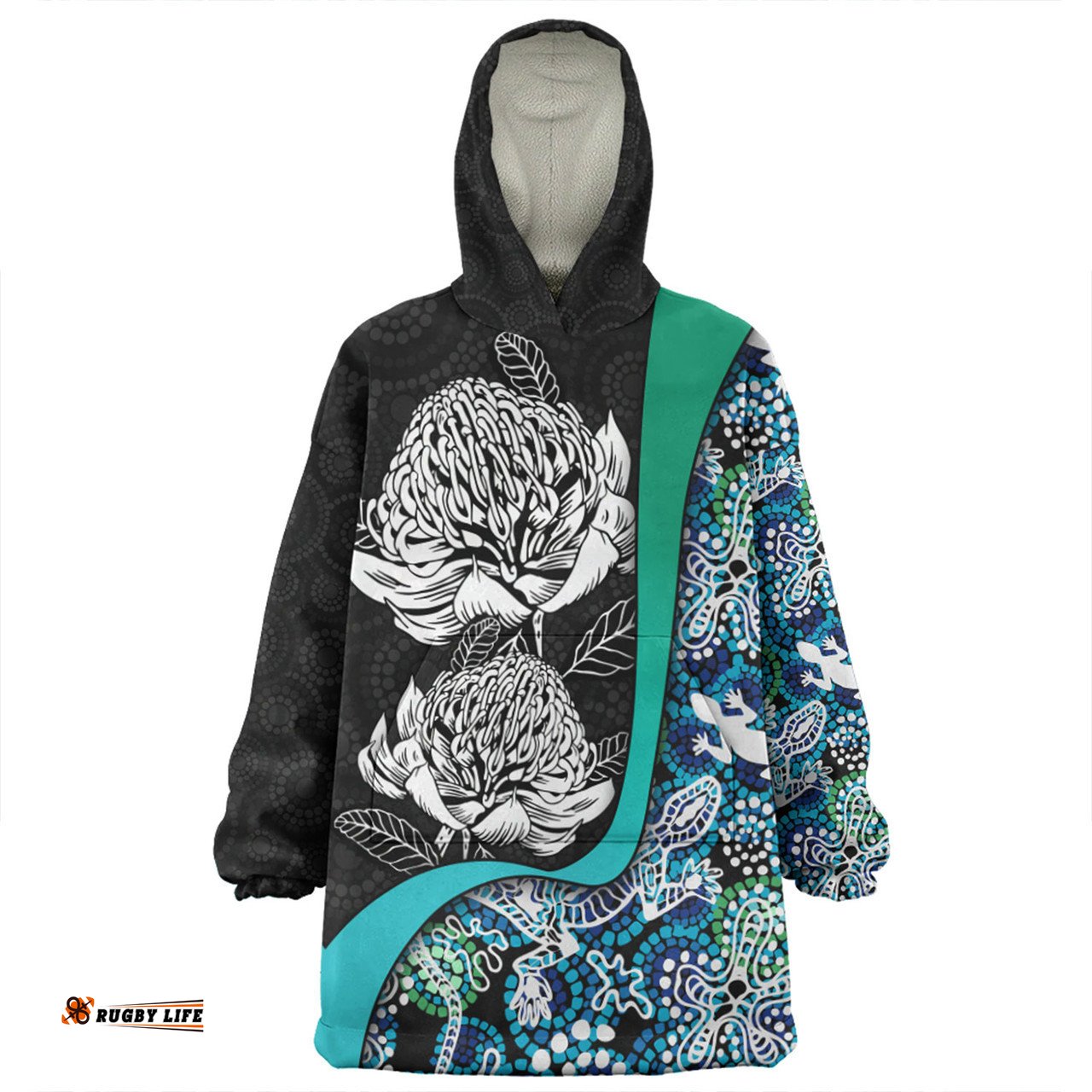 Australia Warratah Goanna Aboriginal Waratah Flowers With Blue Lizards, Stones, Sand Dot Art Painting Inspired Wearable Blanket Hoodie Aussie Oodie