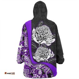 Australia Warratah Goanna Aboriginal Waratah Flowers With Purple Lizards, Stones, Sand Dot Art Painting Inspired Wearable Blanket Hoodie Aussie Oodie